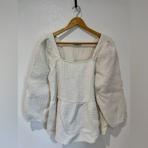 Madewell White Textured Cotton Gauze Peplum Blouse Puff Sleeve Milkmaid Top L